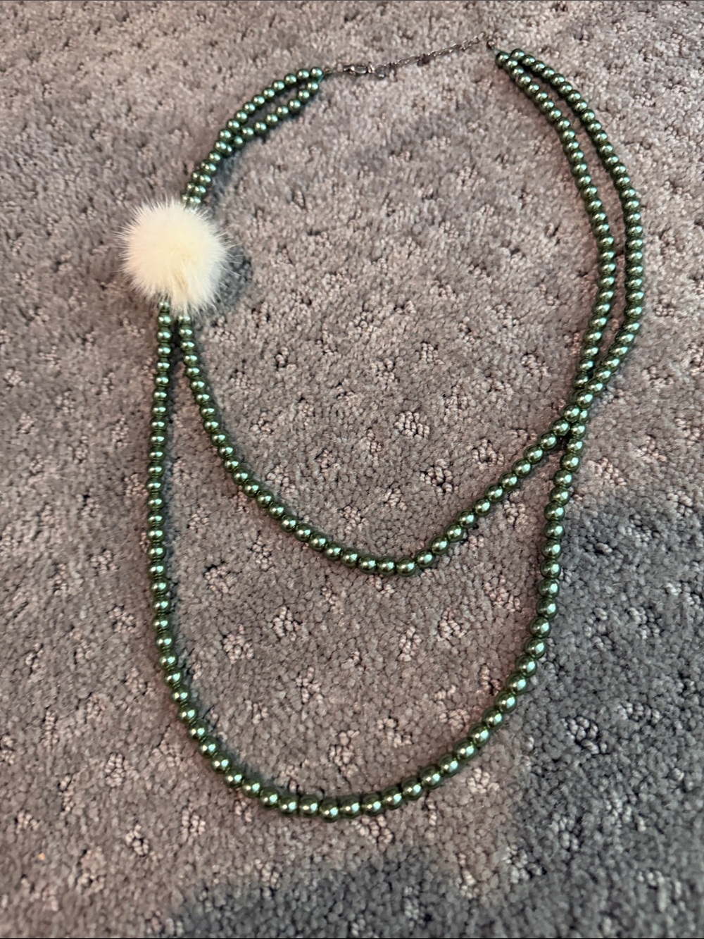 Green Pearl Double Strand Necklace with Cream Fur Accent